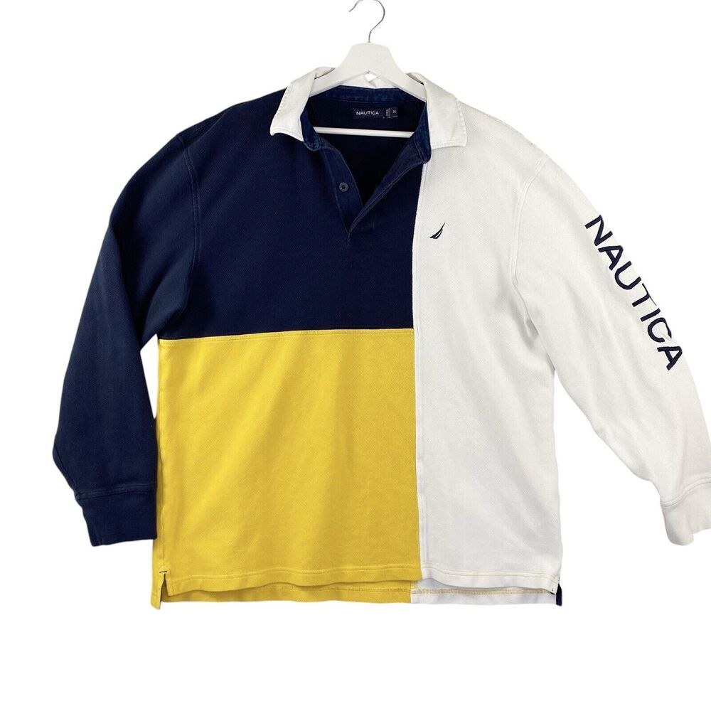Nautica Polo Shirt Mens‎ Extra Large Y2K Long Sleeve Rugby Color Block Spellout